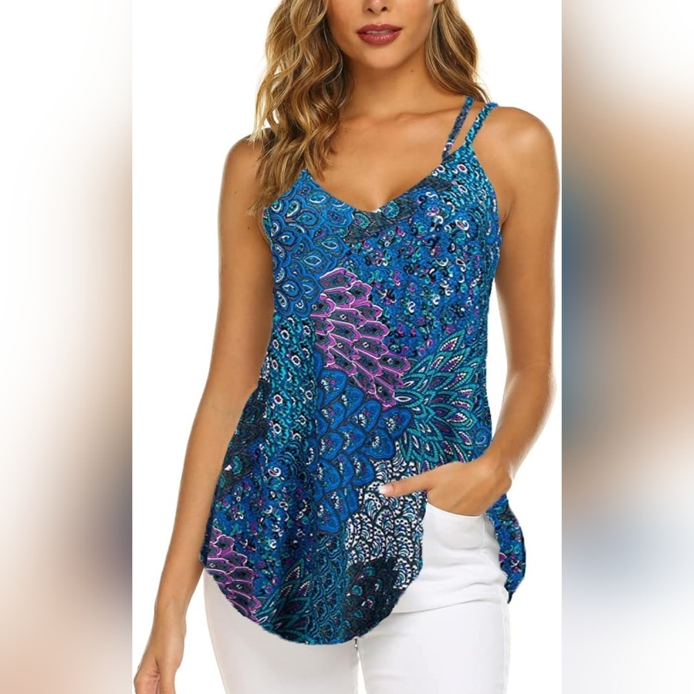 Women's Blue Peacock 🦚 Print Spaghetti Strap Tank Top Tunic Blouse Sz- 2XL
